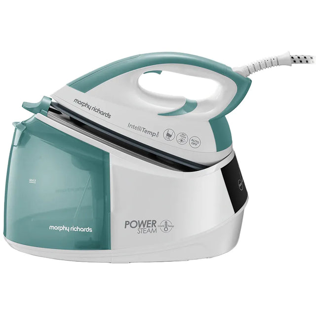 Morphy Richards Statie de calcat, Morphy Richards, Power steam Intellitemp, 2600W, 5 bar, 1.5l functie Intellitemp, Talpa Ceramica, 110g/min, 190g debit de abur continuu, Alb/Verde