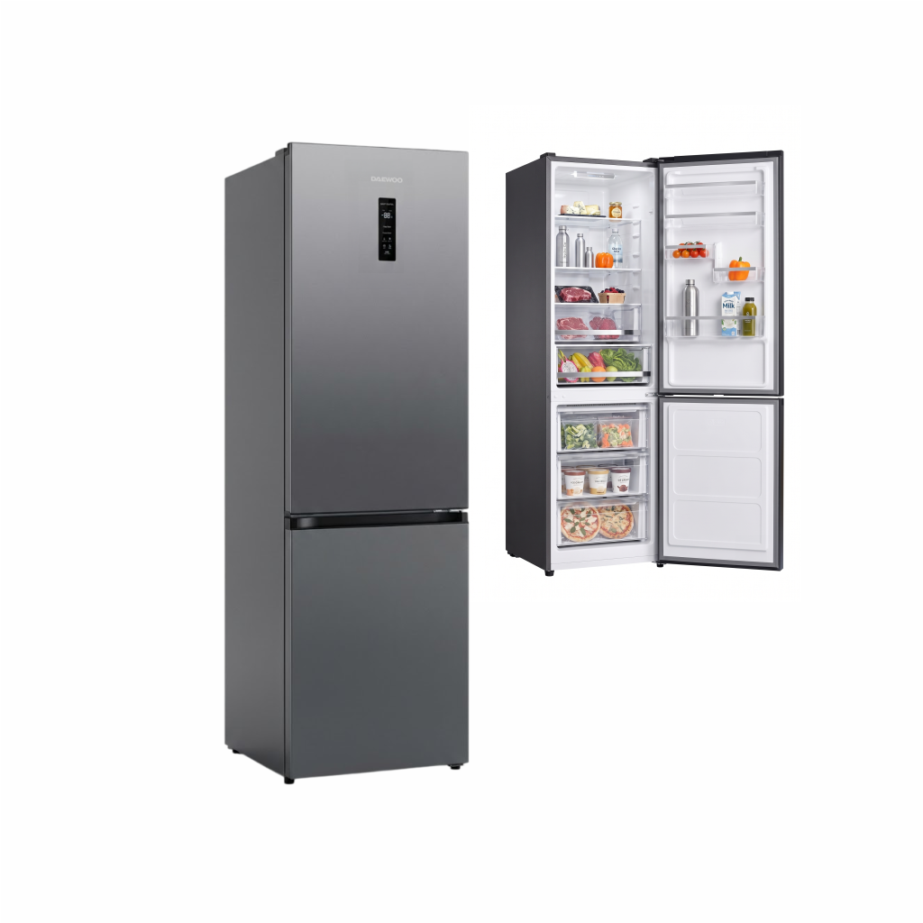 Combina frigorifica Total No Frost Daewoo, volum net 344 (235+109) litri , clasa E, Inverter, display pe usa, Silver