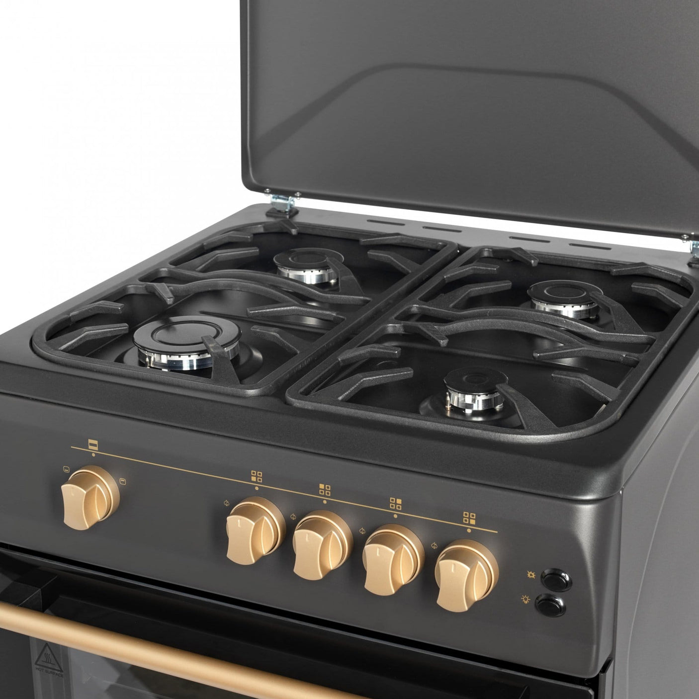 NobeLTek Cooking Aragaz Nobeltek, 60x60, plita si cuptor gaz, grill, aprindere electrica, iluminare cuptor, gratare din fonta, echipat cu diuze GPL, diuze GN de schimb, capac tabla, negru mat