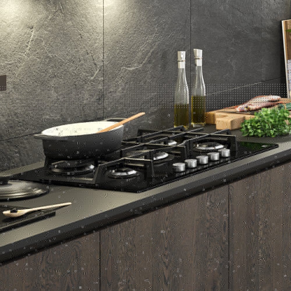 Master Kitchen Plita gaz Master Kitchen, gama Edge, design sticla neagra, 75 cm, 5 arzatoare plate, gratare fonta, arzator coroana tripla, aprindere integrata, sistem siguranta