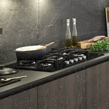 Master Kitchen Plita gaz Master Kitchen, gama Edge, design sticla neagra, 75 cm, 5 arzatoare plate, gratare fonta, arzator coroana tripla, aprindere integrata, sistem siguranta
