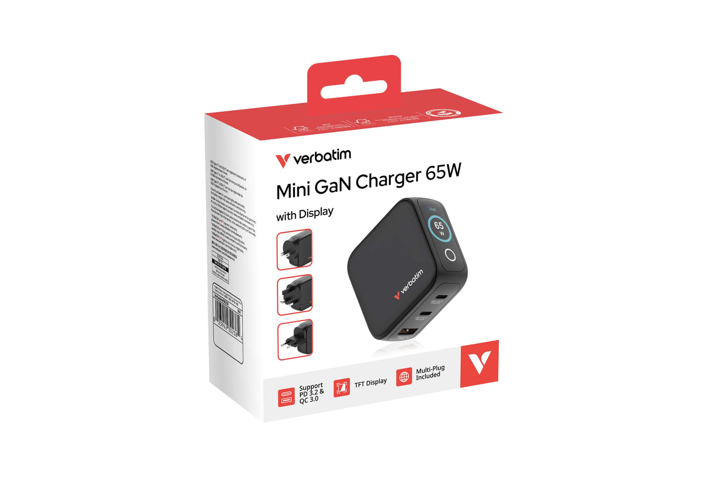 Verbatim Incarcator USB Adaptor de calatorie mini Verbatim 30238, GaN, 65W, display, USB-C1/C2, PD 3.0 pana la 65W, USB-A QC 3.0 pana la 20W, negru