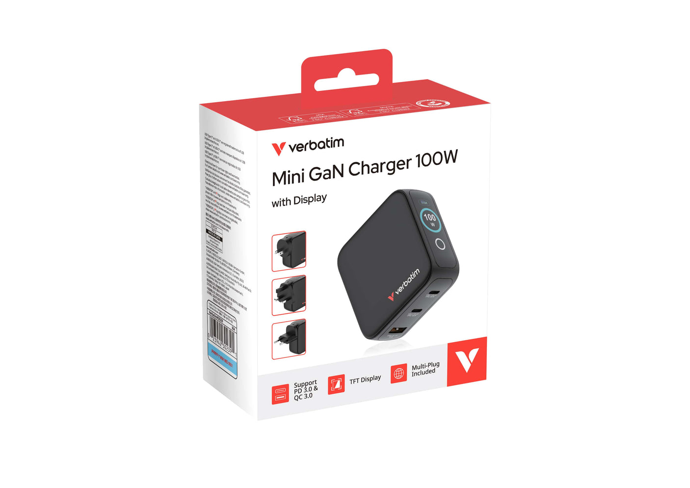 Verbatim Incarcator USB Adaptor de calatorie mini Verbatim 30239, GaN, 100W, display, USB-C1/C2 PD 3.0 pana la 100W, USB-A QC 3.0 pana la 30W, negru