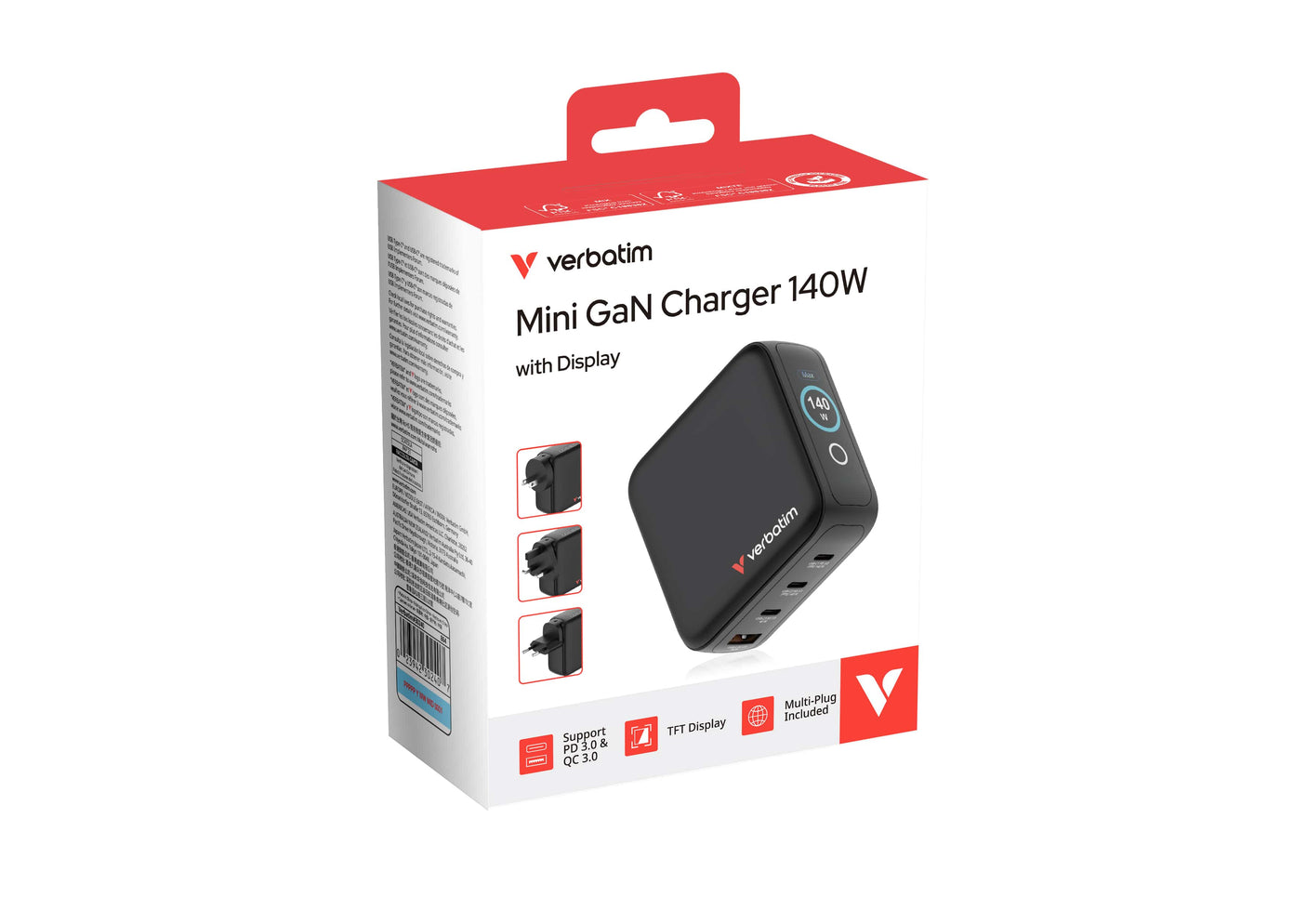 Verbatim Incarcator USB Adaptor de calatorie mini Verbatim 30240, GaN, 140W, display, USB-C1/C2 PD 3.0 pana la 140W, USB-C3 PD 3.0 pana la 40W, USB-A QC 3.0 pana la 30W, negru