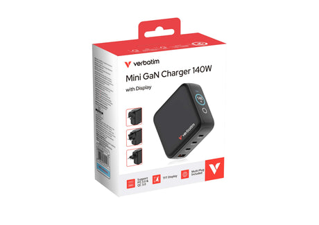 Verbatim Incarcator USB Adaptor de calatorie mini Verbatim 30240, GaN, 140W, display, USB-C1/C2 PD 3.0 pana la 140W, USB-C3 PD 3.0 pana la 40W, USB-A QC 3.0 pana la 30W, negru