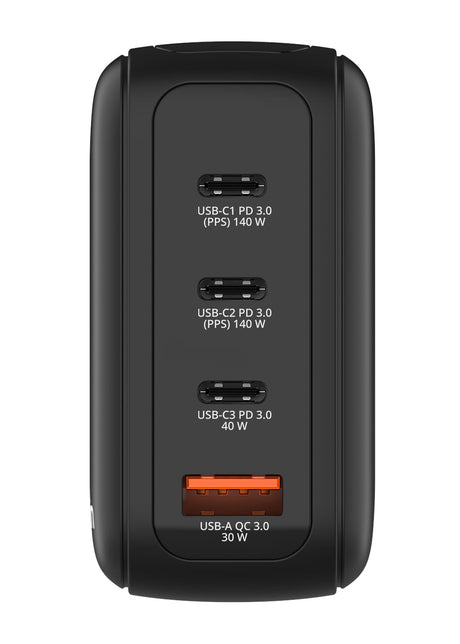 Verbatim Incarcator USB Adaptor de calatorie mini Verbatim 30240, GaN, 140W, display, USB-C1/C2 PD 3.0 pana la 140W, USB-C3 PD 3.0 pana la 40W, USB-A QC 3.0 pana la 30W, negru