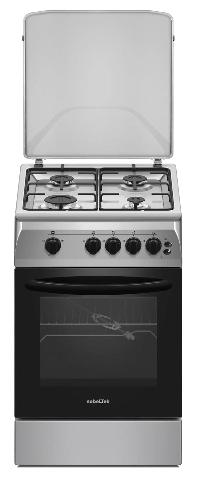 NobeLTek Cooking Aragaz Nobeltek, 50x60, plita si cuptor pe gaz, grill gaz, rotisor, aprindere electrica plita, iluminare cuptor, siguranta plita si cuptor, echipat cu diuze GN, diuze GPL de schimb, front si plita inox, laterale silver
