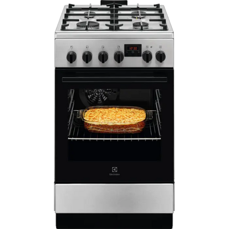 Electrolux Aragaz Electrolux, Mixt, 4 arzatoare gaz, Gratare de fonta, Cuptor electric, Timer electronic, Grill electric, Clasa A, 50cm, culoare inox