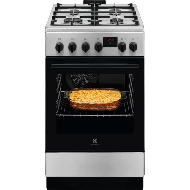 Electrolux Aragaz Electrolux, Mixt, 4 arzatoare gaz, Gratare de fonta, Cuptor electric, Timer electronic, Grill electric, Clasa A, 50cm, culoare inox