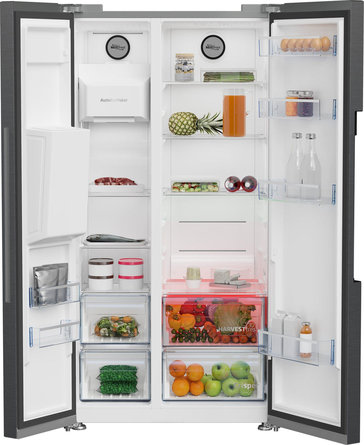 BEKO Side by Side Beko, 571l, Clasa E, NoFrost, HarvestFresh, Compresor ProSmart Inverter, Dispaly, Dozator apa, IceMaker, Dark Inox