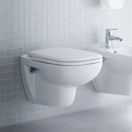 Duravit Vas wc + capac Duravit, Toilet wall mounted D-Code seat and cover, hinges s/steel, suspendat, evacuare orizontala, cu capac (0067310000), alb