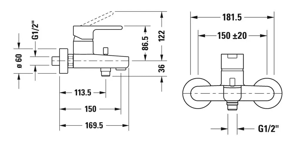 Duravit Baterie cada Duravit,B.2 Single lev.bath mixer exposed, monocomanda, aparenta, cartus ceramic, diverter, crom