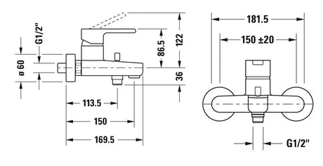 Duravit Baterie cada Duravit,B.2 Single lev.bath mixer exposed, monocomanda, aparenta, cartus ceramic, diverter, crom