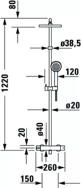 Duravit Sistem de dus Duravit, B.1 shower system with thermostatic mixer, termostat, aparenta, cartus ceramic, dus fix 250mm, crom