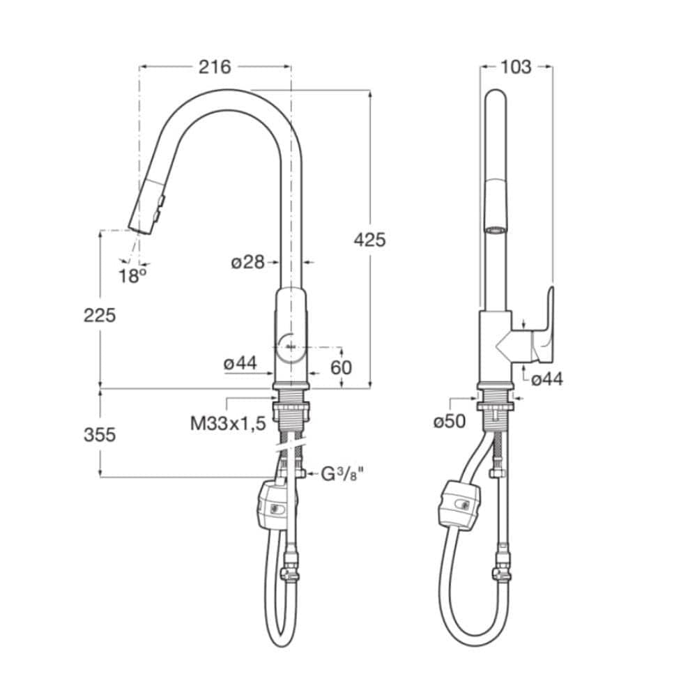 Roca Baterie chiuveta Baterie Bucatarie Roca Cala A5A816EC00 | Monocomanda, Pipa Inalta Tip U, Dus Extractabil, Crom