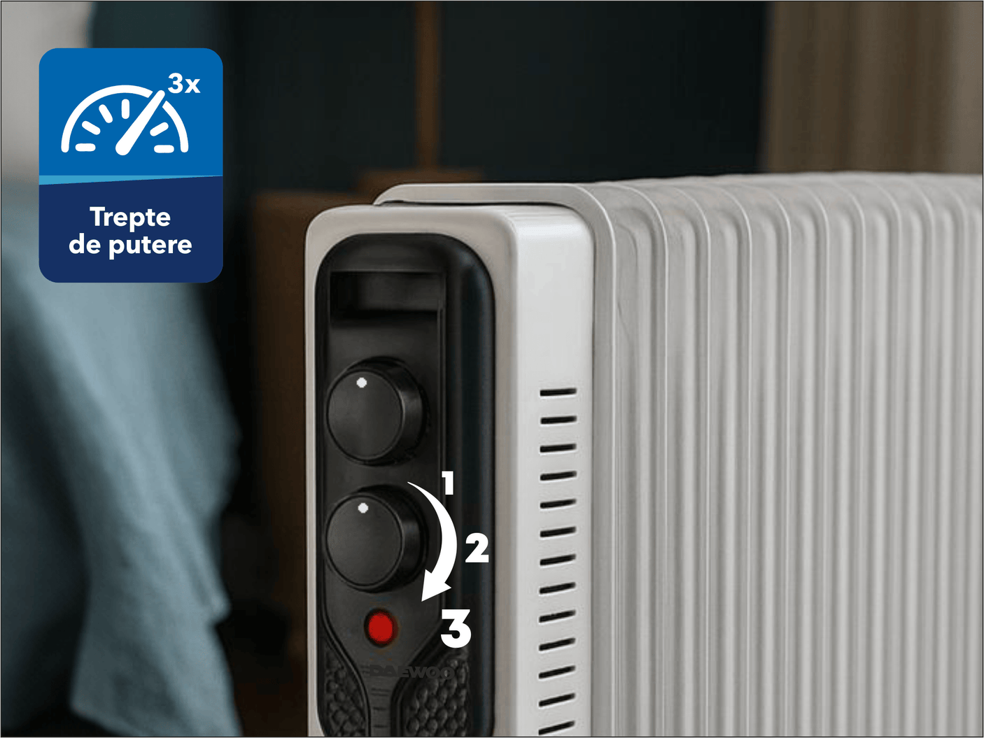 Daewoo SDA Calorifer electric cu ulei Daewoo, 2000 W, 9 elementi, 3 canale de ulei, 3 nivele de putere, termostat reglabil, protectie supraincalzire, indicator luminos, role de deplasare