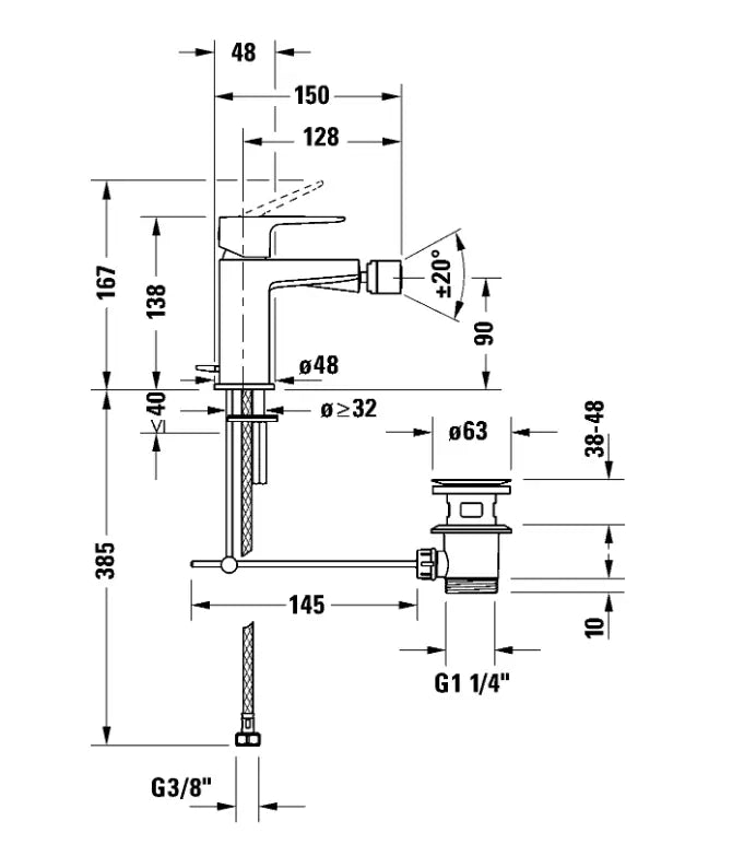 Duravit Baterie bideu Duravit, Manhattan single lever bidet mixer, monocomanda, cartus ceramic, set evacuare cu tija, crom
