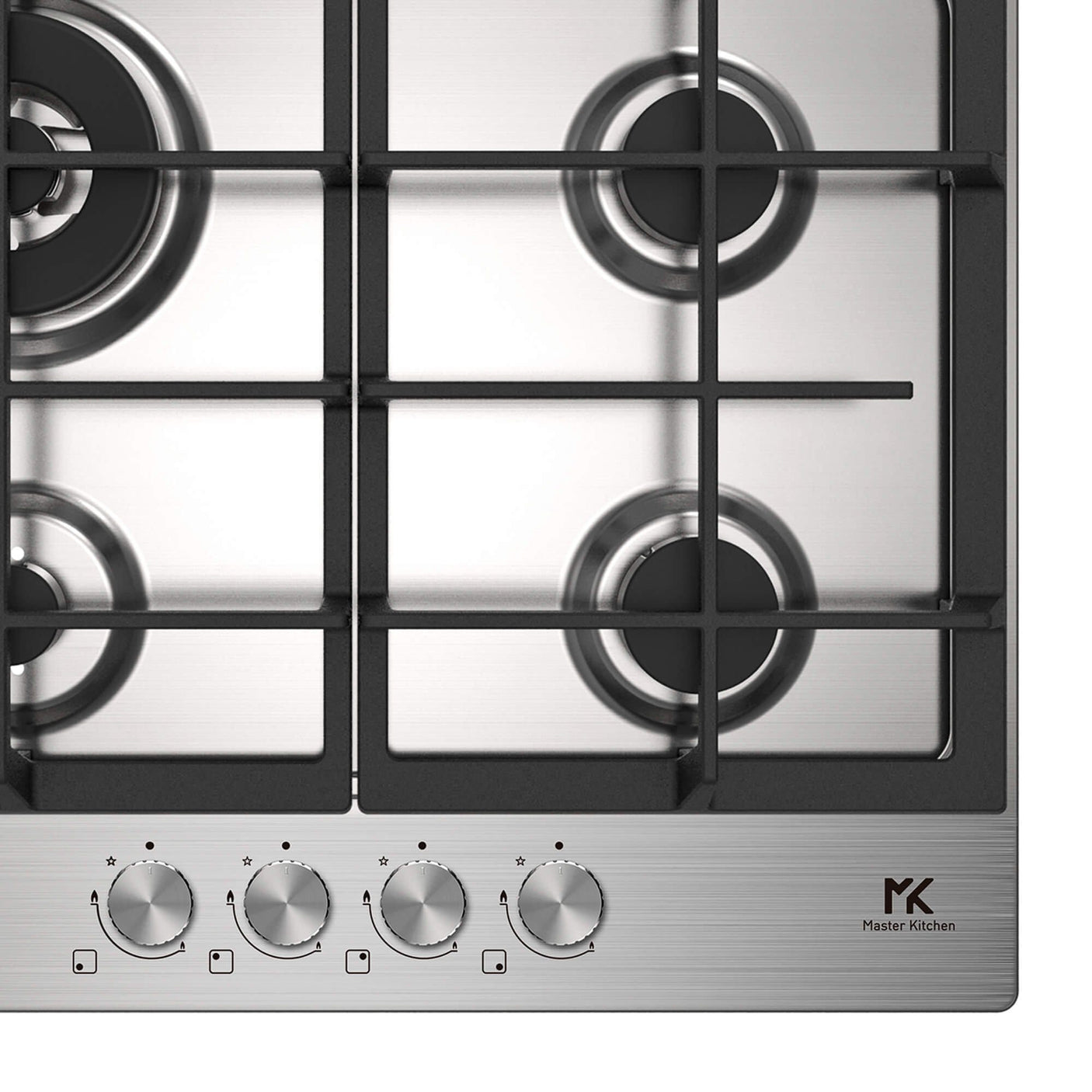 Master Kitchen Plită pe gaz Master Kitchen Edge 60 cm, inox, 4 arzătoare, grătare fontă, arzător Wok, aprindere integrată, sistem de siguranță