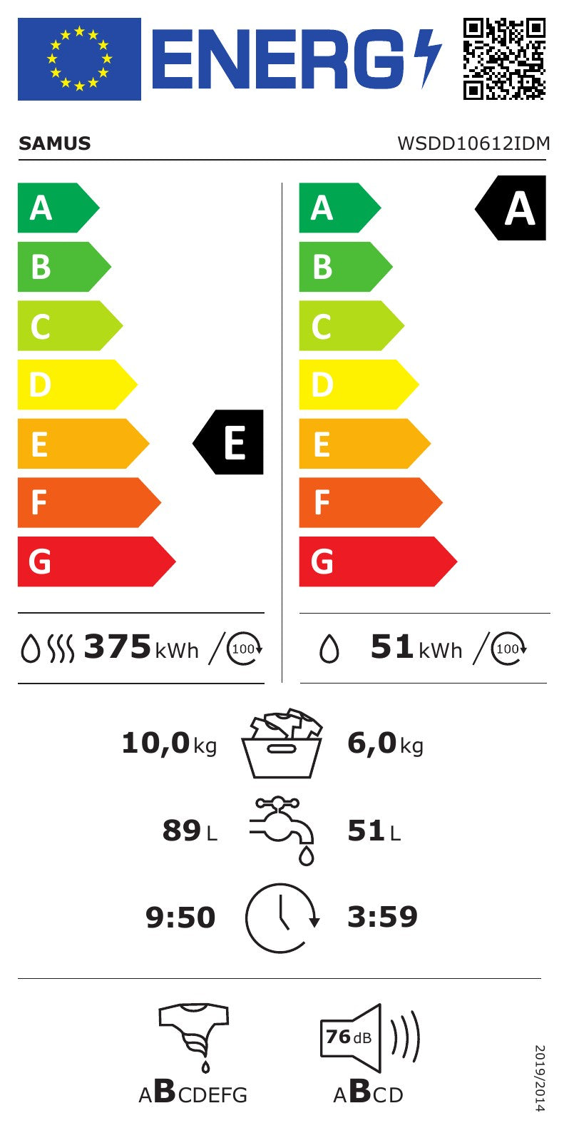 Masina Spalat Rufe cu Uscator Samus WSDD10612IDM | 10kg, 1200 RPM, Clasa A(spalare), Clasa E (uscare) Inverter, Alb, 59.5x62.8x85cm - Etichetă energetică