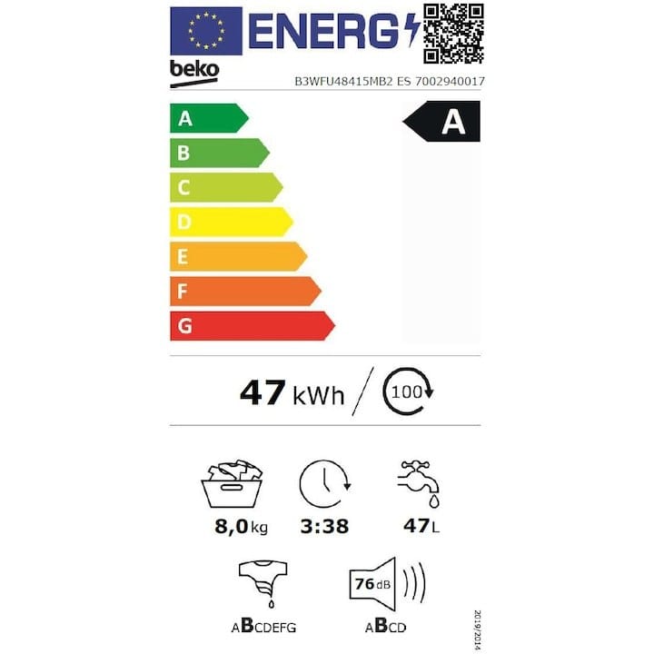 Beko Masina de spalat rufe Masina de spalat rufe Beko B3WFU48415MB2ES | 8kg, 1400RPM, Clasa A, EnergySpin