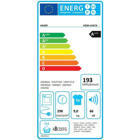 Haier Uscator de rufe Uscator de rufe Haier HD90-A3979-S | 9kg, Pompa de caldura, Inverter, A+++, 59.5x67.5x84.5cm