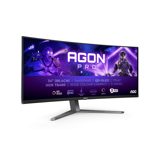 AOC Monitor Aoc 34" AG346UCD, Curvature: 1800R, Diagonal (inch): 34, Diagonal (cm): 86, Aspect ratio: 21:9, Panel: QD-OLED, Resolution: 3440x1440, Refresh Rate: 175Hz, Response time GtG: 0.03ms, Brightnes
