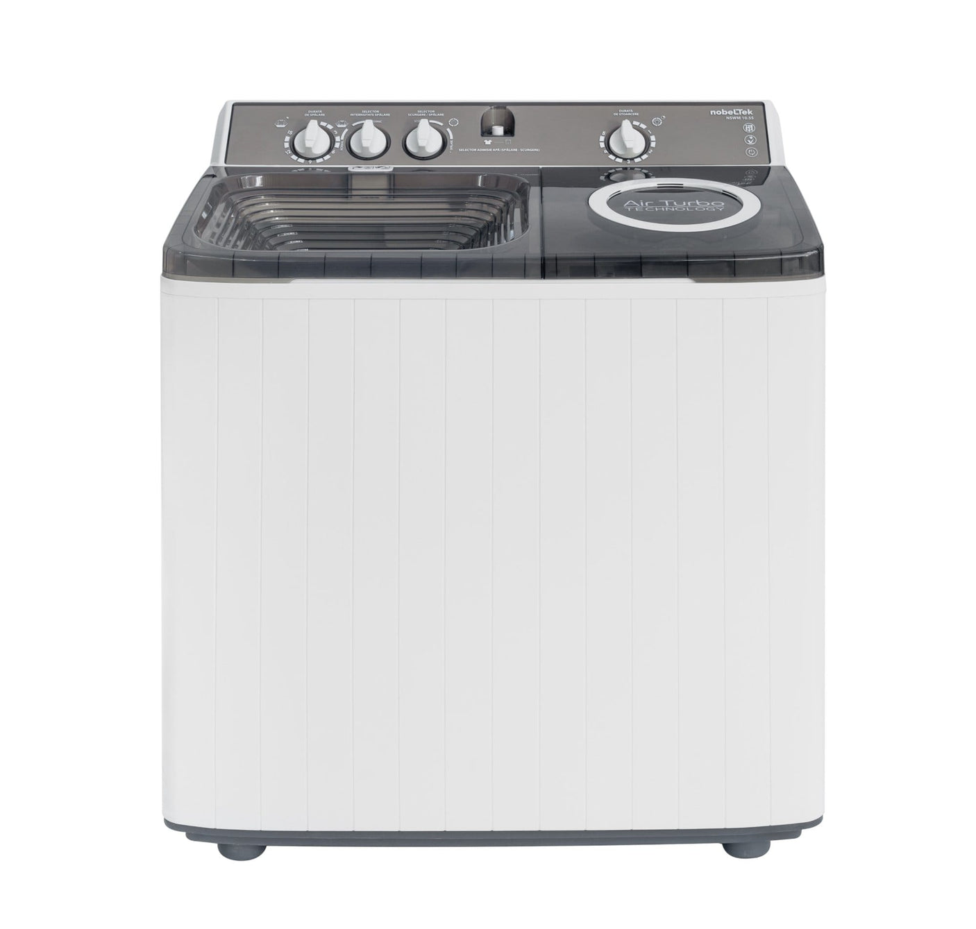 NobeLTek Masina de spalat rufe semi-automata Nobeltek, 10 kg spalare, 5 kg stoarecere, 420W spalare, 190W stoarcere, timp spalare 0-15 min, timp stoarcere 0-5 min, evacuare apa uzata: prin cadere libera, culoare corp Alb, capac Silver