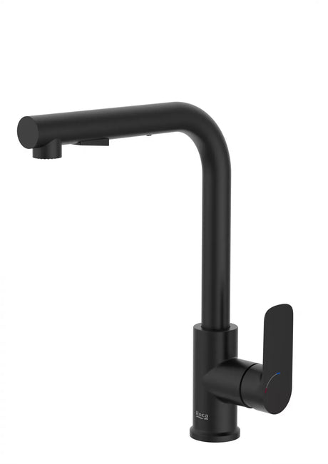 Roca Baterie bucatarie Roca, Gama Cala, pipa inalta, tip L, monocomanda, pivotanta, dus extractabil, 2 functii, negru