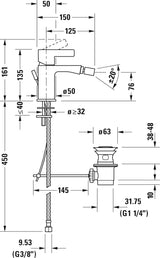 Duravit Baterie bideu Duravit, D-Neo Single-lever bidet mixer, monocomanda, cartus ceramic, set evacuare cu tija, crom