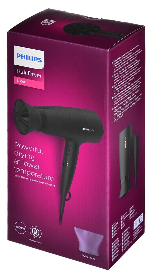 Philips Uscator de par Philips, Putere: 1600W, accesoriu Thermo Protect, 3 setari de viteza/temperatura, cap de coafare 14 mm, Negru