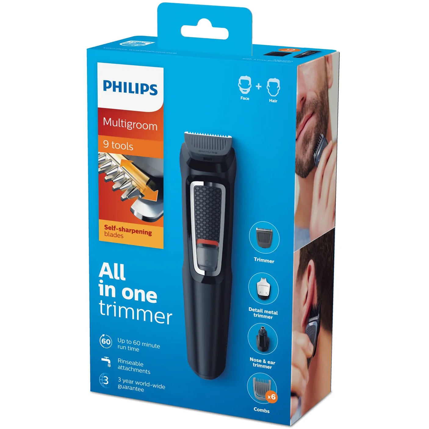 Philips Aparat de tuns barba si parul 9 in 1 Philips Multigroom, Lameac cu ascutire, Acumulator, 6 piepteni par fata si cap, Negru
