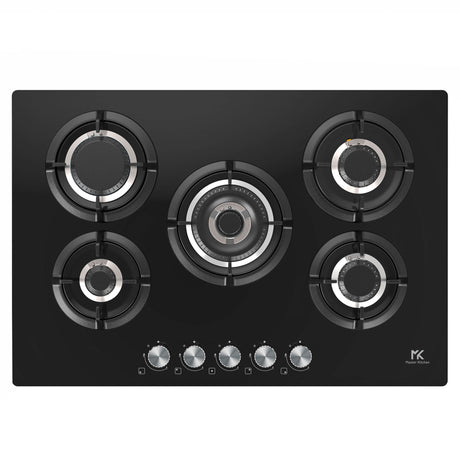 Master Kitchen Plita gaz Master Kitchen, gama Edge, design sticla neagra, 75 cm, 5 arzatoare plate, gratare fonta, arzator coroana tripla, aprindere integrata, sistem siguranta