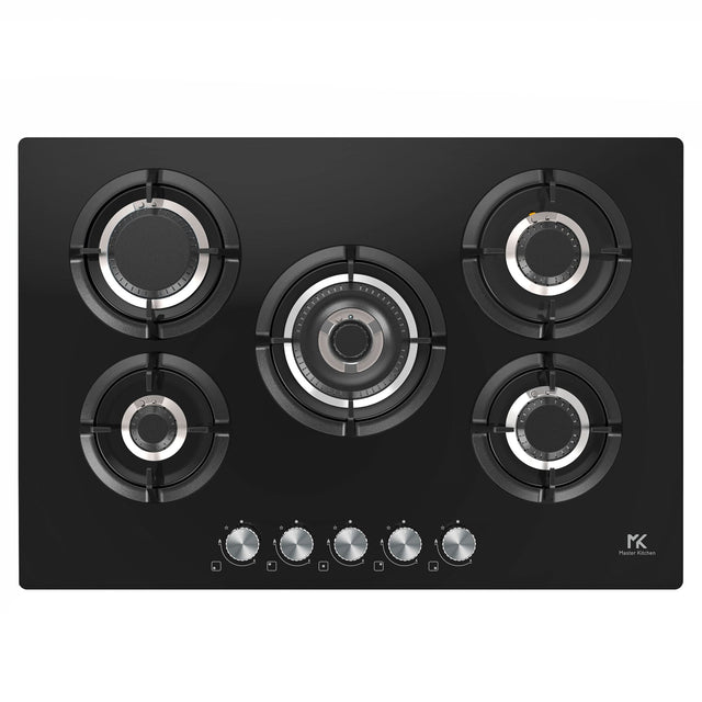 Master Kitchen Plita gaz Master Kitchen, gama Edge, design sticla neagra, 75 cm, 5 arzatoare plate, gratare fonta, arzator coroana tripla, aprindere integrata, sistem siguranta