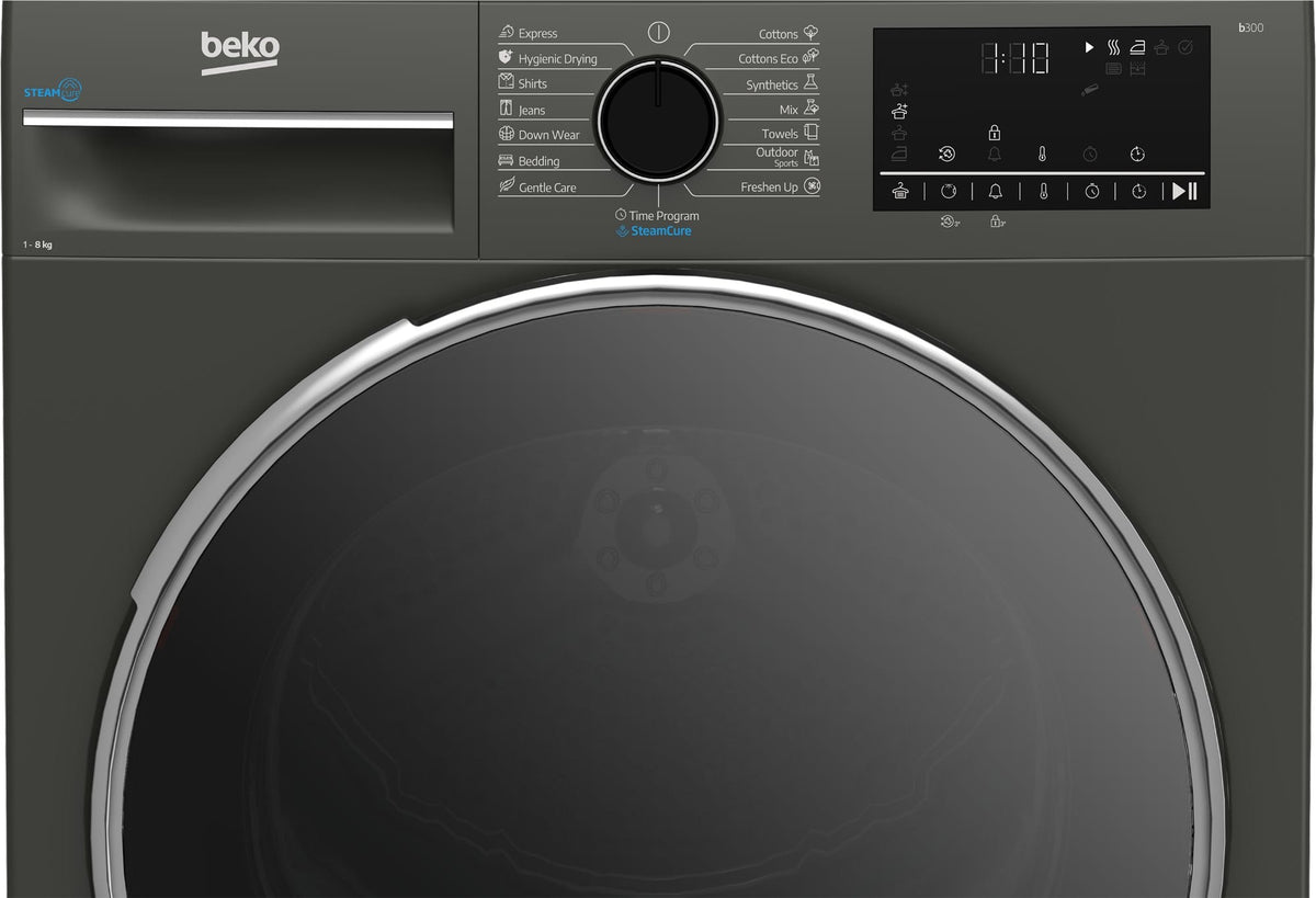 Beko Uscator de rufe Uscator de rufe Beko B3T68239MGEU | 8kg, Pompa de caldura, Clasa D, SteamCure, Manhattan Grey