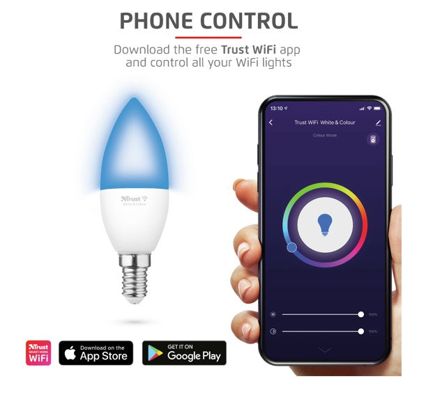 Pachet 2 becuri Trust smart LED RGBCW  WiFi, E14 luminozitate 470 lm, clasa energetica A+