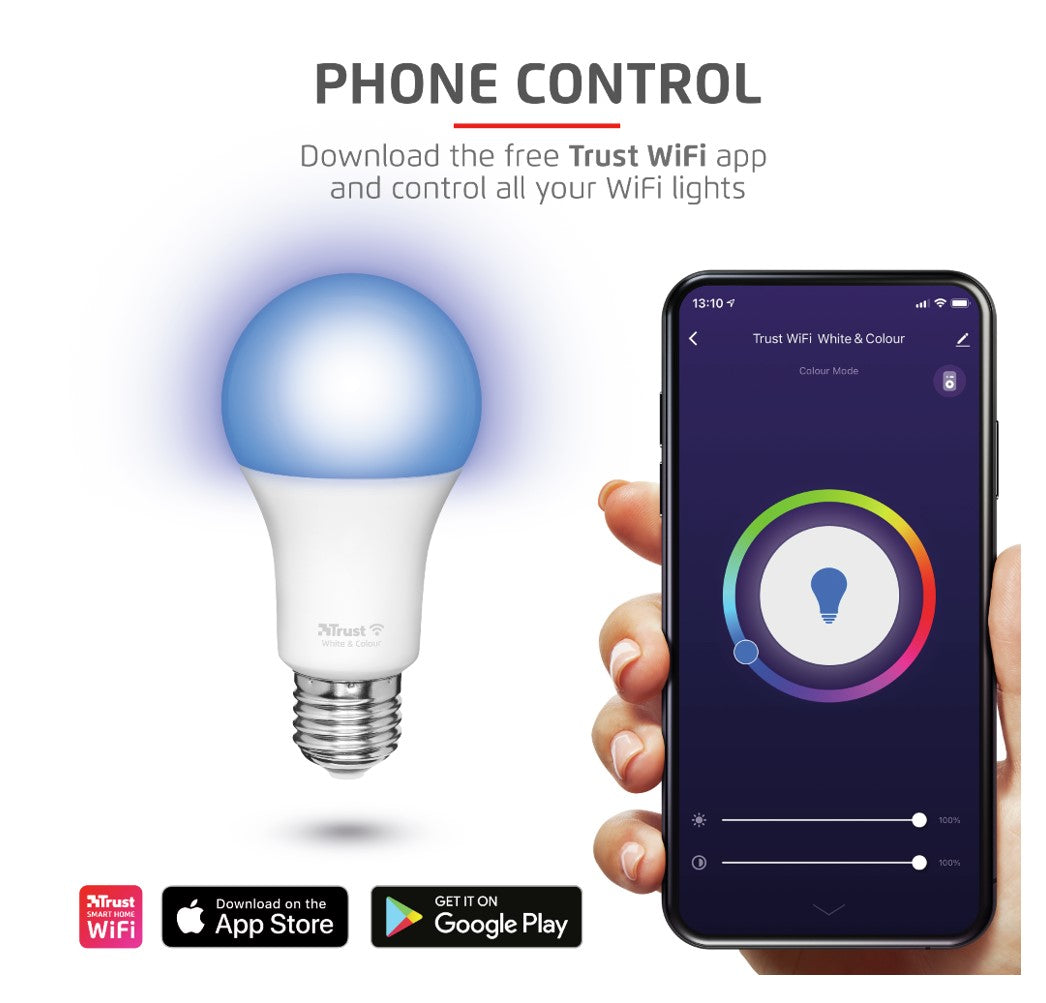 Pachet 2 becuri Trust  LED RGBCW  WiFi, E27luminozitate 806 lm, clasa energetica A+