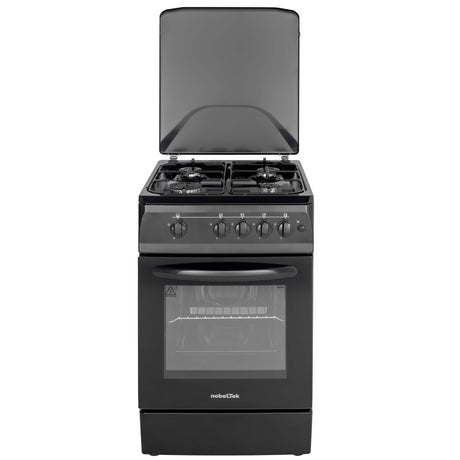 NobeLTek Cooking Aragaz Nobeltek, 50x60, plita si cuptor pe gaz, aprindere electrica, siguranta plita si cuptor, echipat cu diuze GPL, diuze GN de schimb, capac tabla, negru