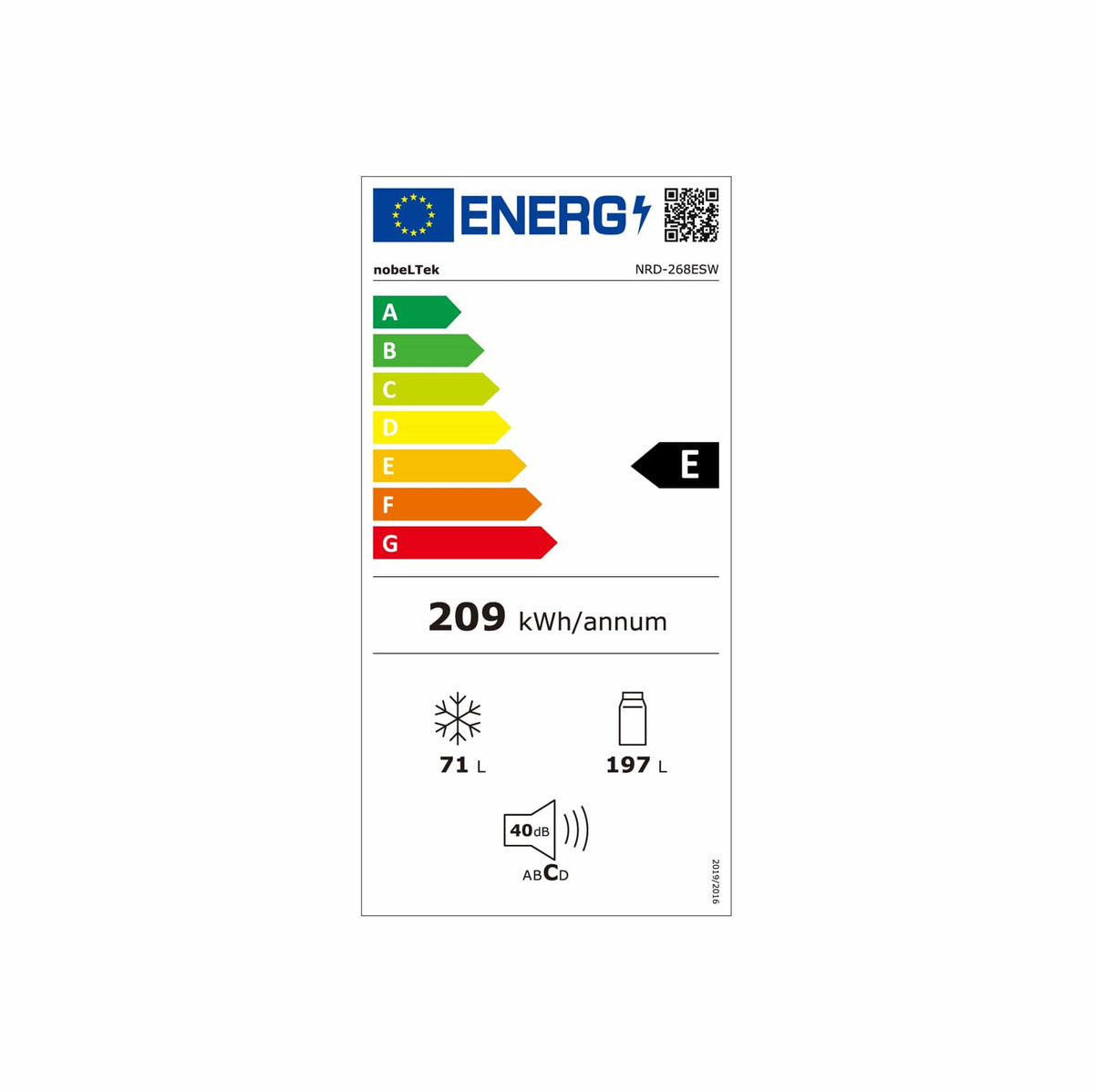 Nobeltek Combina frigorifica Combina frigorifica Nobeltek NRD-268ESW | volum net 268 (197+71) litri, clasa E, Alb