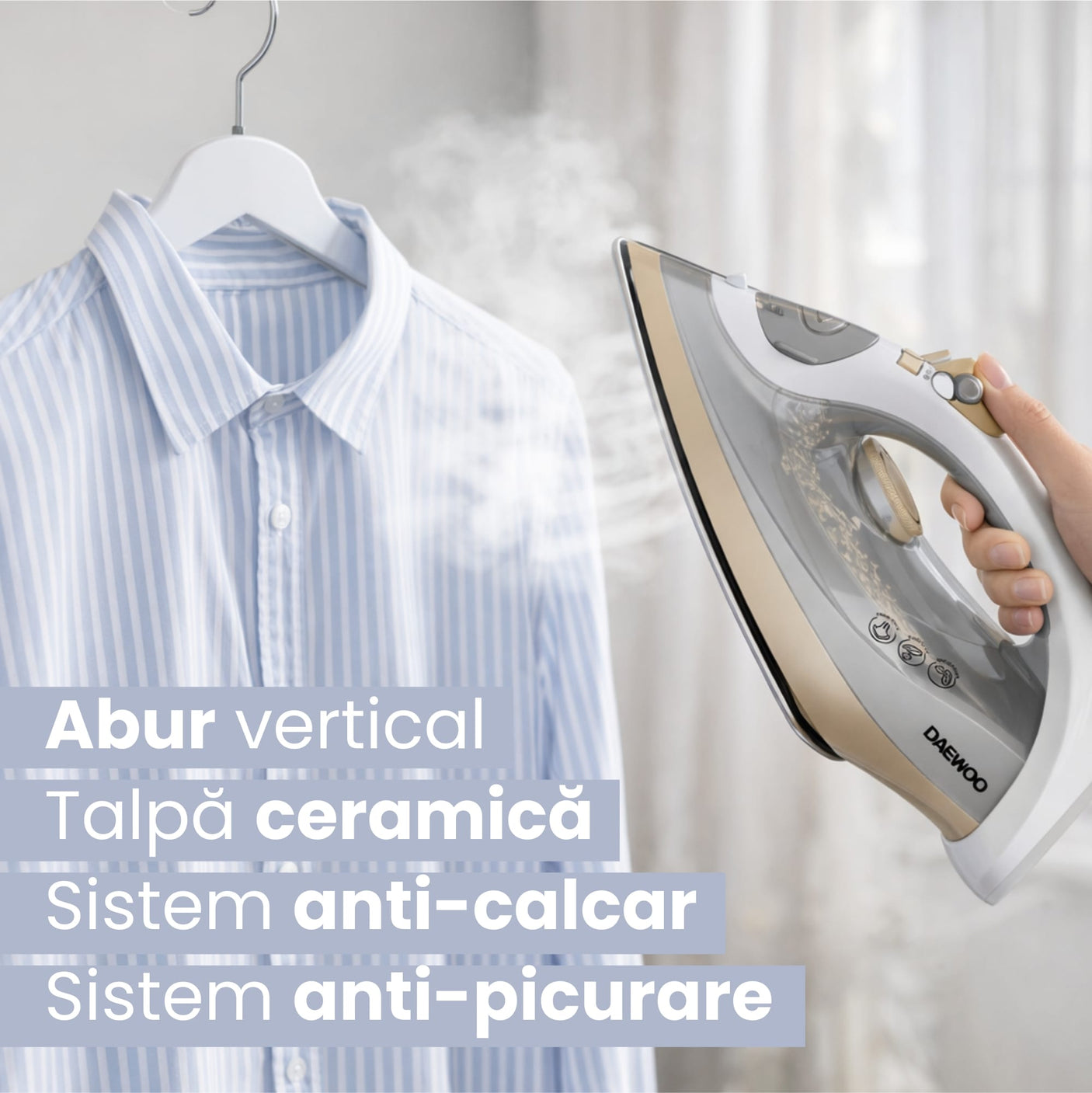 Daewoo SDA Fier de calcat Fier de Calcat Daewoo SDA DSI2400 | 2400W, Talpa Ceramica, Jet Abur 30g/min, Rezervor 300ml