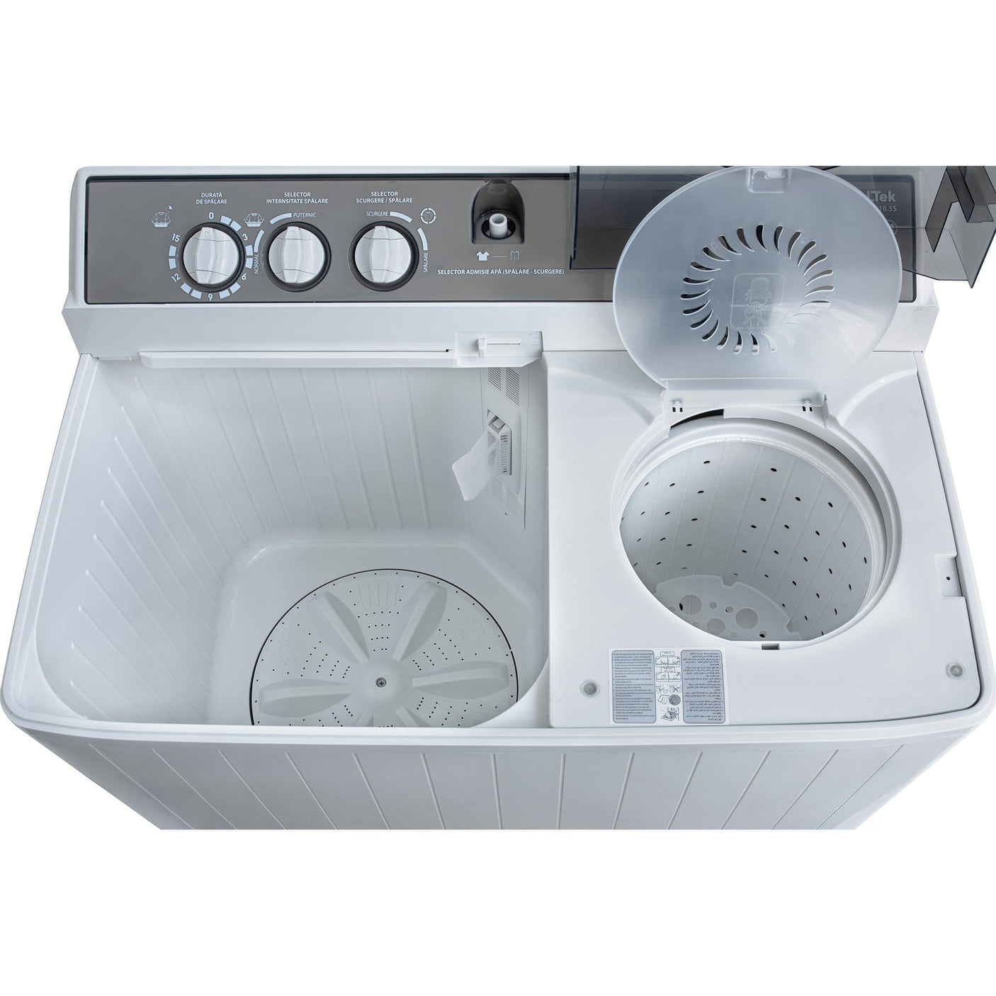 NobeLTek Mașină de spălat rufe semi-automată Nobeltek 12 kg, stoarcere 7 kg, 450W/195W, temporizator 0–15/0–5 min, evacuare gravitațională, Alb/Silver