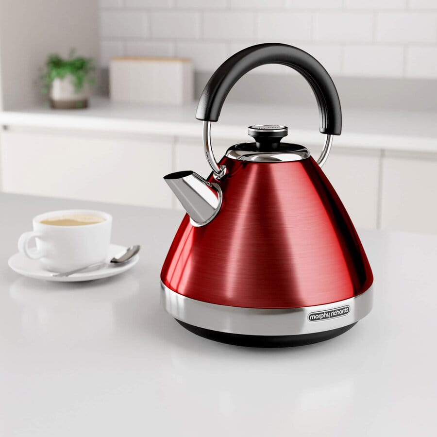 Morphy Richards Fierbator de apa Venture,Rosu, 1.5l, 3kW, gradatie transparenta, compartiment cablu, filtru anticalcar