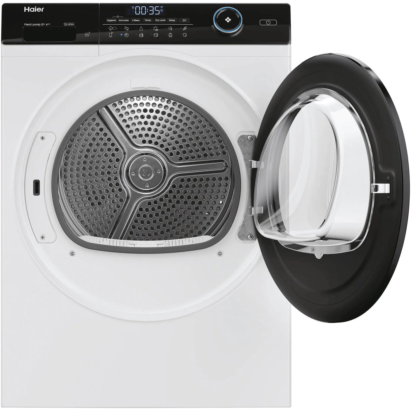HAIER Uscator de rufe Haier, Pompa de caldura cu compresor inverter, 8kg,clasa A+++, WIFI-app hOn, 11 programe +app, alba - usa neagra