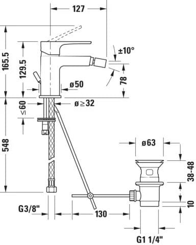 Duravit Baterie bideu Duravit, A.1 Single lever bidet mixer, monocomanda, cartus ceramic, set evacuare cu tija, crom