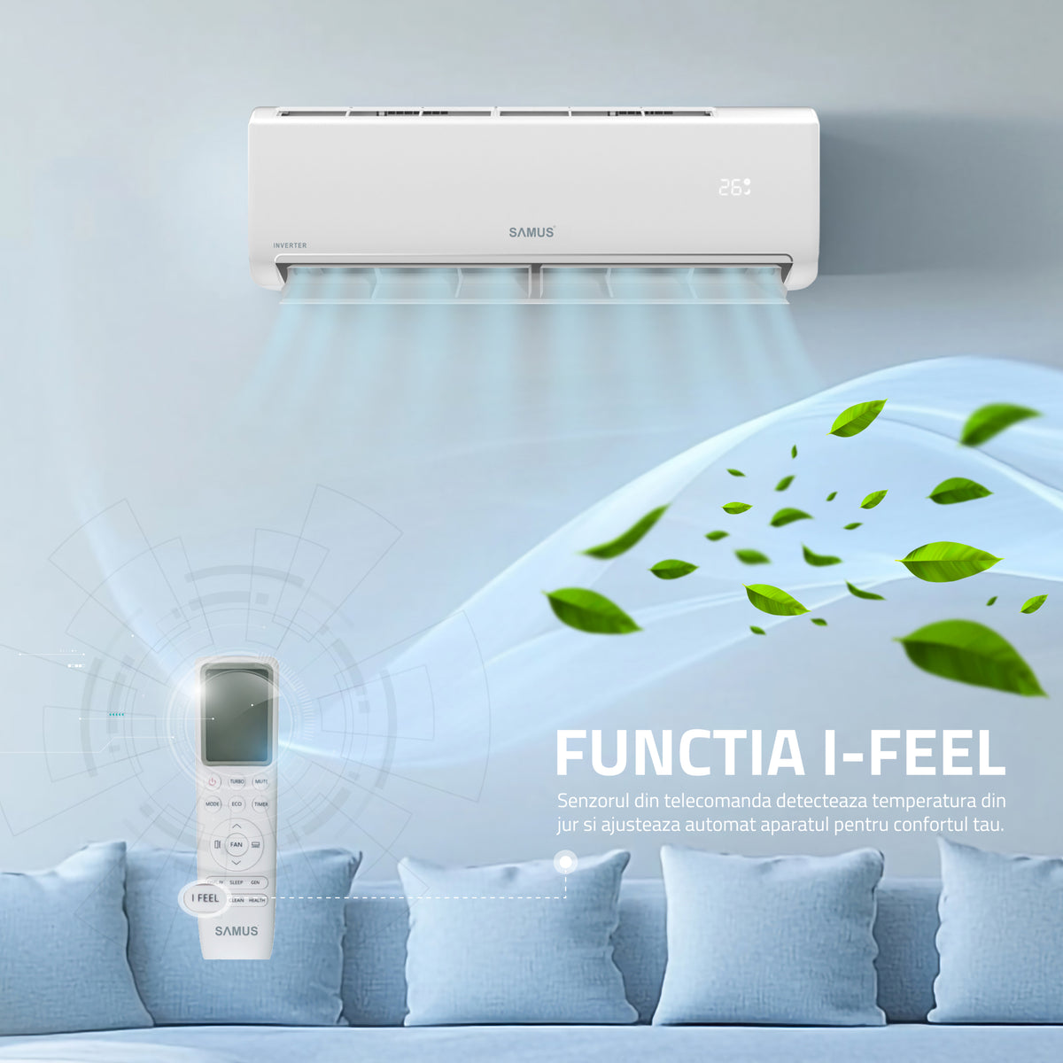 Aer Conditionat Samus ACS-18K01 WIFI | 18000 BTU, clasa A++/A+, Inverter, Functii: Racire, Ventilare, Incalzire, Eco, I-Feel, Timer, Sleep, Auto-curatare, Turbo,Dezumidificare, Alb