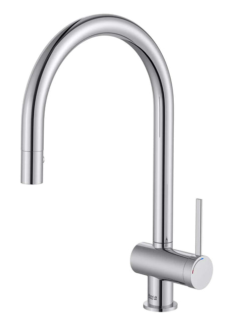 Roca Baterie bucatarie Roca, Gama Ona, pipa inalta, tip U, monocomanda, pivotanta, dus extractabil, 2 functii, crom mat