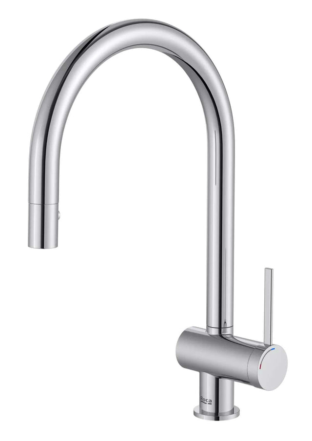 Roca Baterie bucatarie Roca, Gama Ona, pipa inalta, tip U, monocomanda, pivotanta, dus extractabil, 2 functii, crom mat
