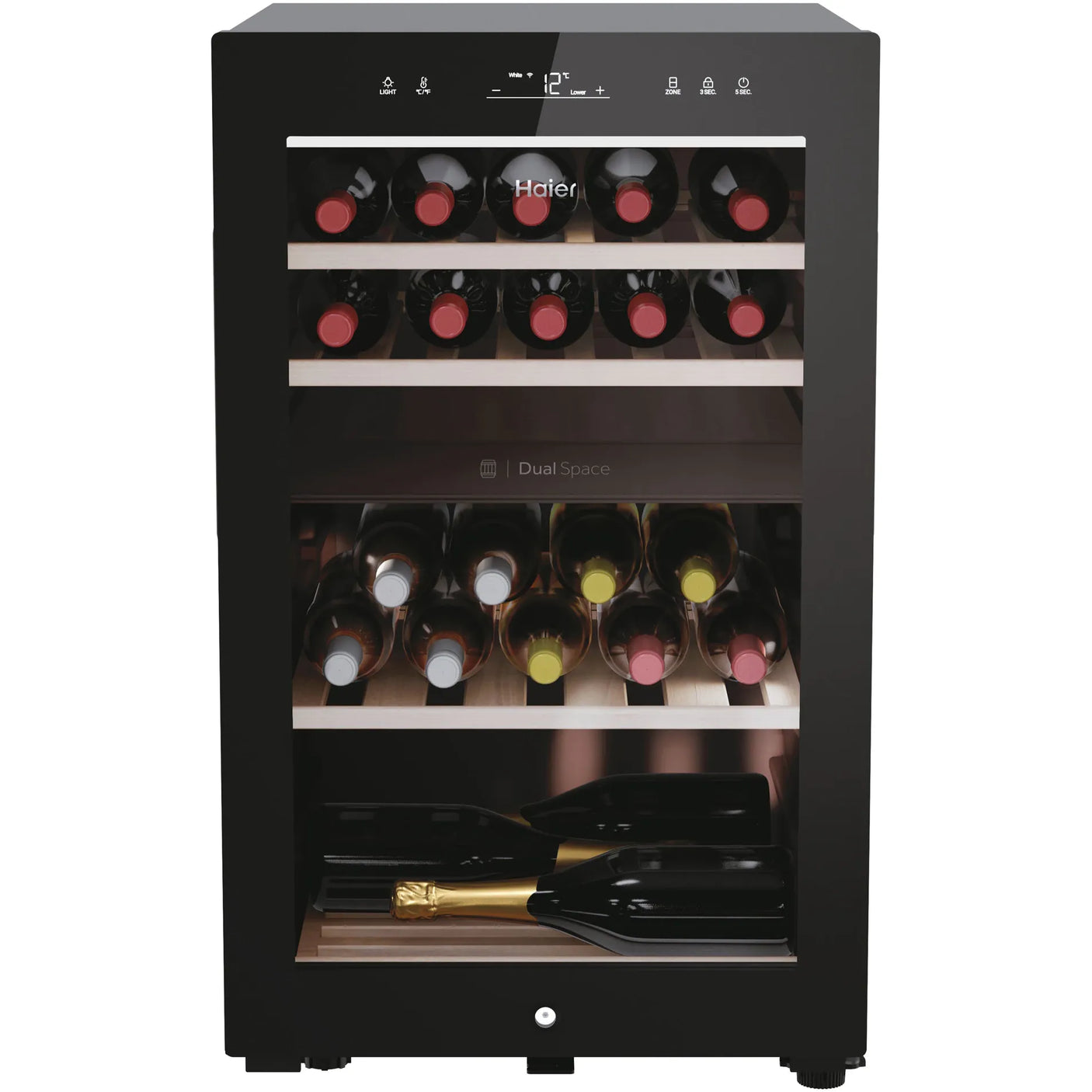 HAIER Racitor de vinuri HAIER, 42 sticle, conectivitate WiFi, clasa G, LED, dual zone, usa reversibila, H 82 cm, negru