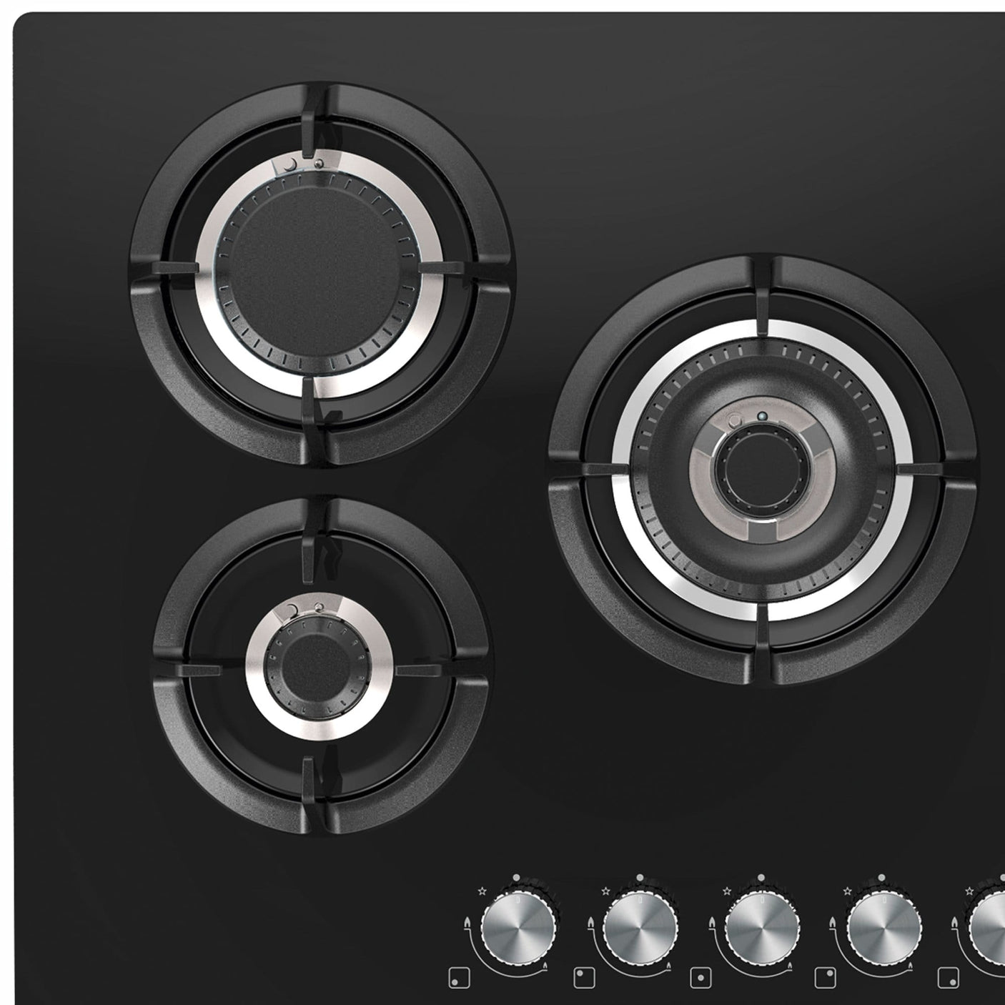 Master Kitchen Plita gaz Master Kitchen, gama Edge, design sticla neagra, 75 cm, 5 arzatoare plate, gratare fonta, arzator coroana tripla, aprindere integrata, sistem siguranta