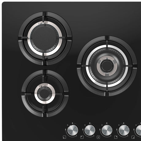 Master Kitchen Plita gaz Master Kitchen, gama Edge, design sticla neagra, 75 cm, 5 arzatoare plate, gratare fonta, arzator coroana tripla, aprindere integrata, sistem siguranta