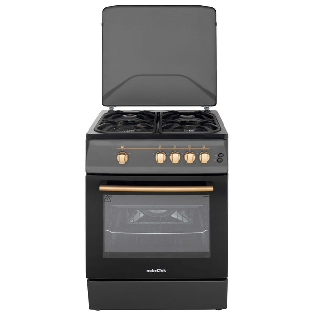 NobeLTek Cooking Aragaz Nobeltek, 60x60, plita si cuptor gaz, grill, aprindere electrica, iluminare cuptor, gratare din fonta, echipat cu diuze GPL, diuze GN de schimb, capac tabla, negru mat